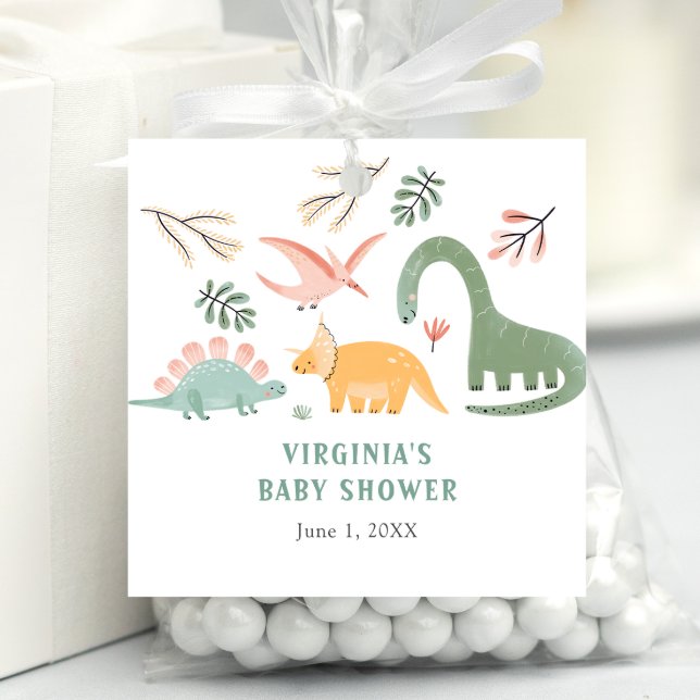 Dinosaur Favour Tag (Cute Dinosaur Square Baby Shower Favor Tag by Painted Paperie)