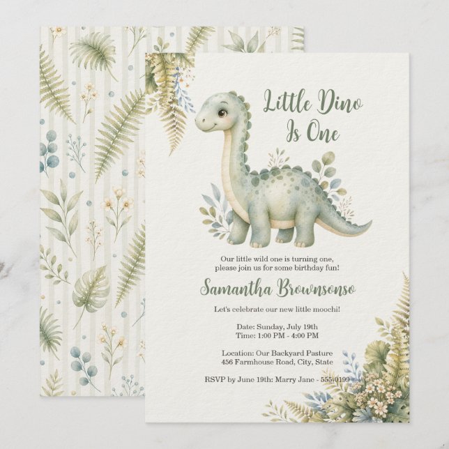 Dinosaur Fern First Birthday Invitation (Front/Back)