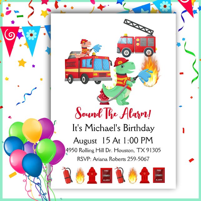 Dinosaur  Fire Fighter Boy Birthday Party  Invitation (Creator Uploaded)