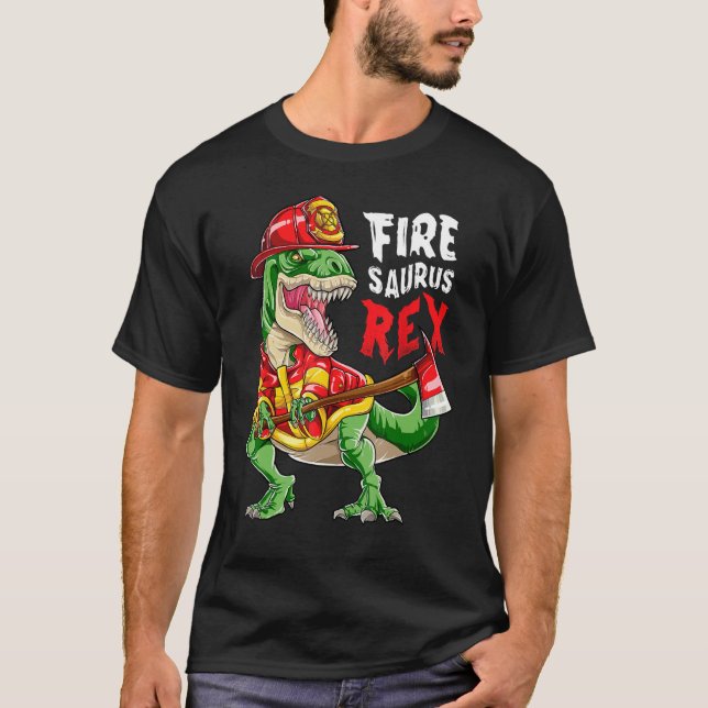 Dinosaur Firefighter Thin Red Line Men T rex Firef T-Shirt (Front)