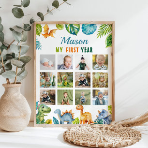 Dinosaur First Birthday 12 Photo Milestone Poster