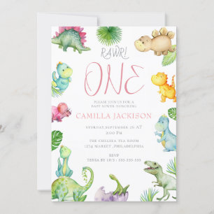  Dinosaur First Birthday Baby girl Invitation
