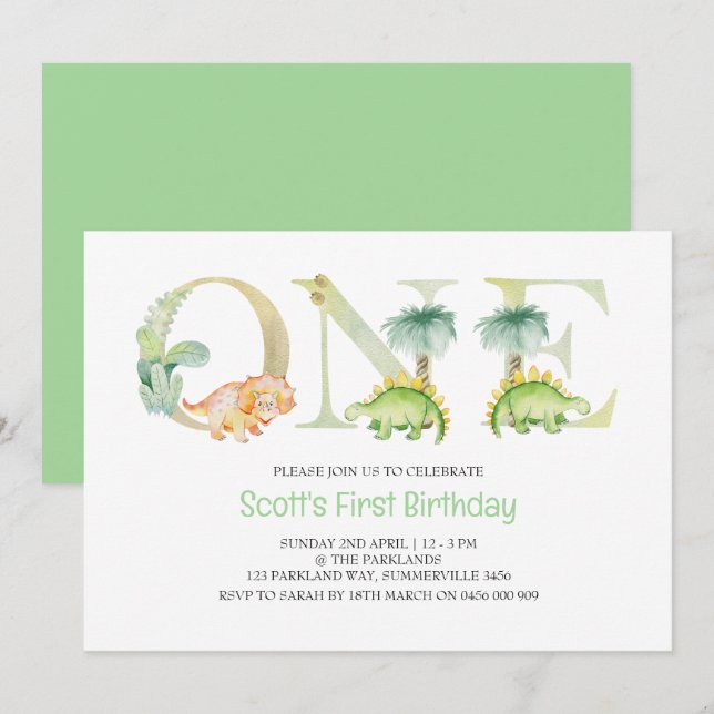 Dinosaur First Birthday Invitation (Front/Back)