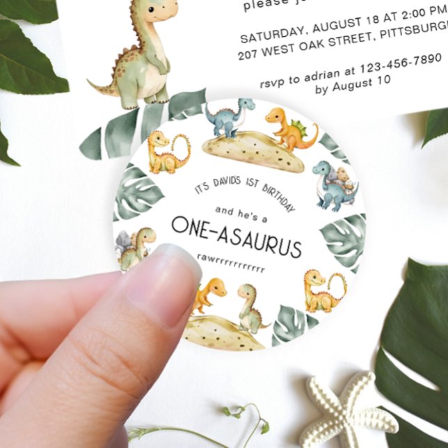 Dinosaur First Birthday Oneasaurus Party Classic Round Sticker (Creator Uploaded)