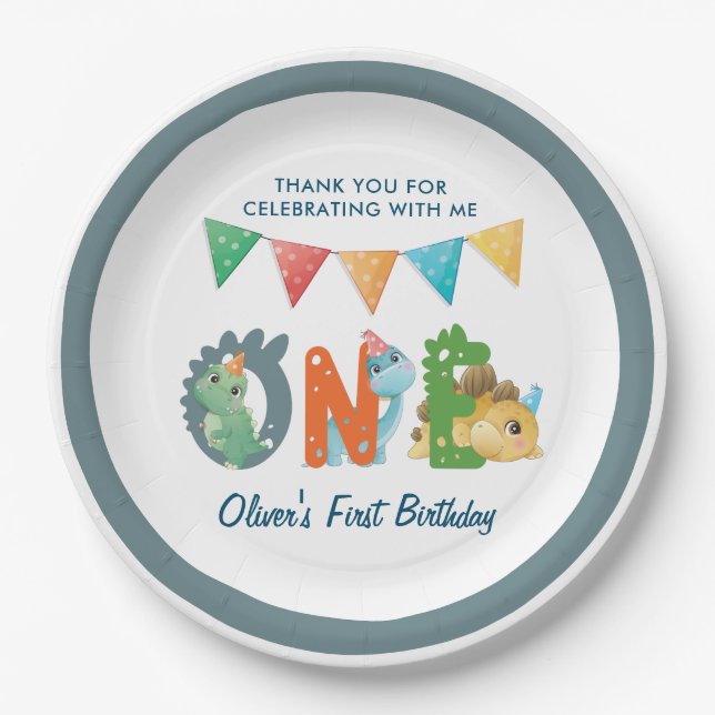 Dinosaur First Birthday  Paper Plate (Front)