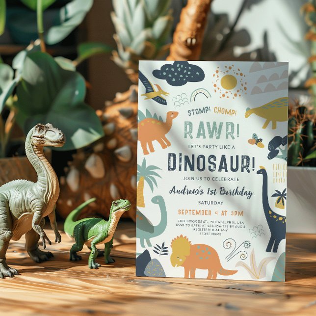 Dinosaur First Birthday Stomp Chomp Roar Invitation (Creator Uploaded)