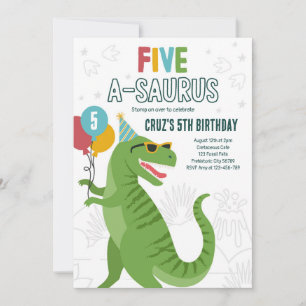 Dinosaur Five A-Saurus 5th Birthday Party T-Rex  Invitation