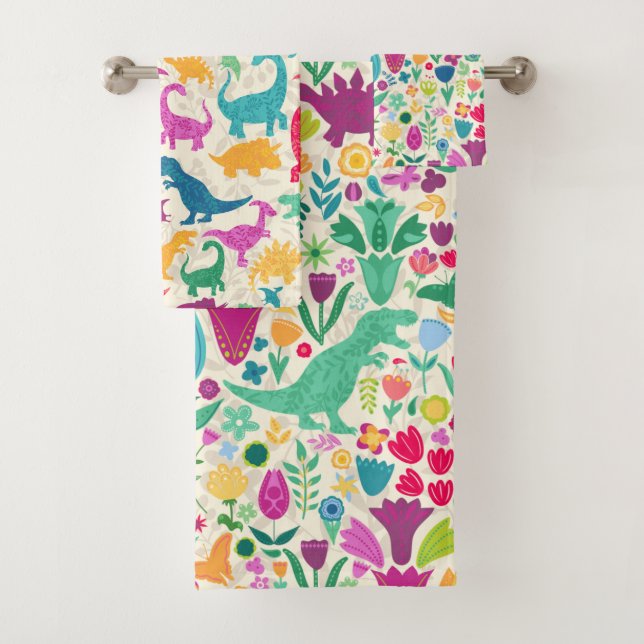 Dinosaur Floral Folk Silhouettes Beautiful Girls Bath Towel Set (Insitu)