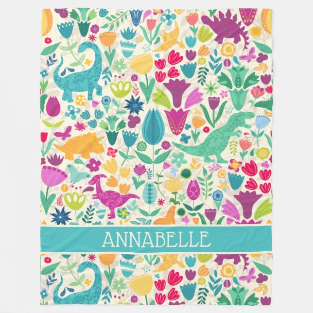 Dinosaur Floral Folk Silhouettes Beautiful Girls Fleece Blanket (Front)