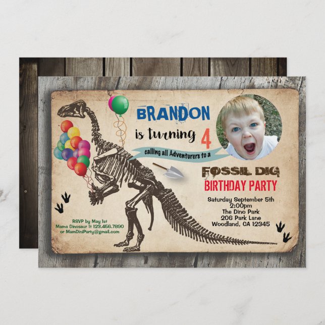Dinosaur fossil dig birthday photo invitation (Front/Back)