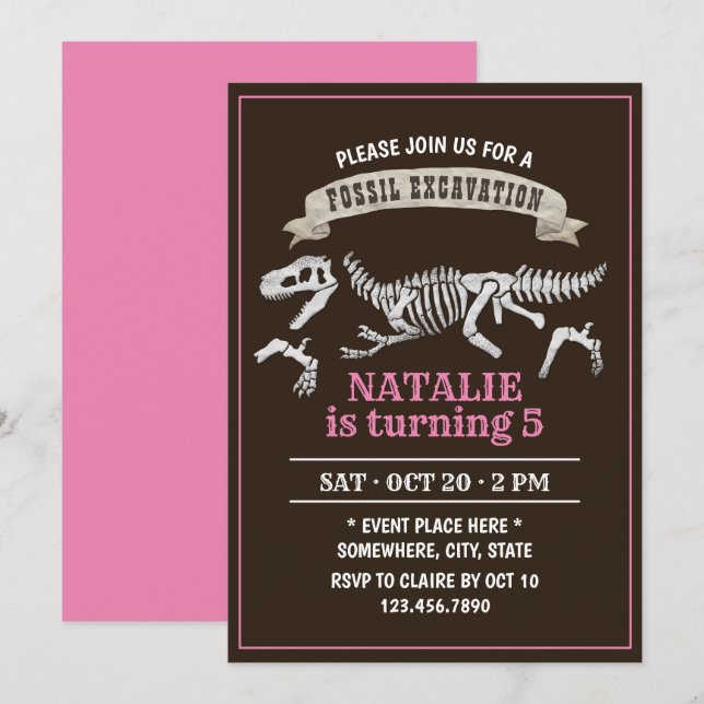 Dinosaur Fossil Excavation Girl Birthday Party Invitation (Front/Back)