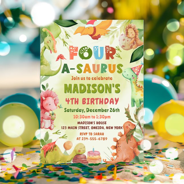 Dinosaur Four-A-Saurus Greenery 4th Birthday Party Invitation (Creator Uploaded)