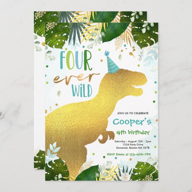 Dinosaur Four Ever Wild Boy Dinosaur 4th Birthday Invitation (Front/Back)