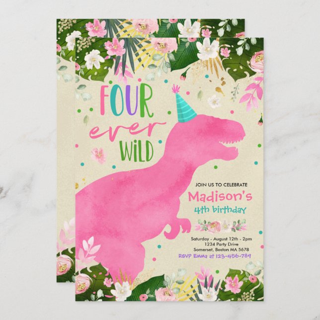 Dinosaur Four Ever Wild Party Dinosaur Birthday Invitation (Front/Back)