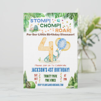 Dinosaur Fourth Birthday Party Invitation