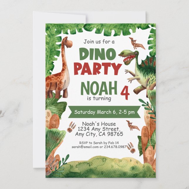 Dinosaur Fourth Birthday Party Invitation (Front)