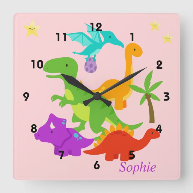 Dinosaur Fun Colourful Pink Square Wall Clock (Front)