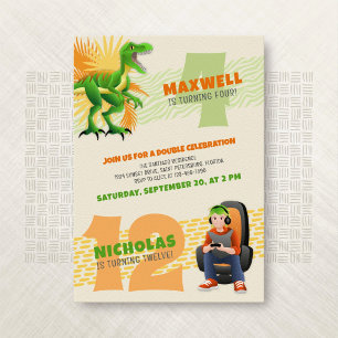 Dinosaur Gamer Joint Double Birthday Invitation