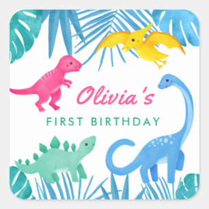 Dinosaur Girl 1st Birthday Colorful Square Sticker