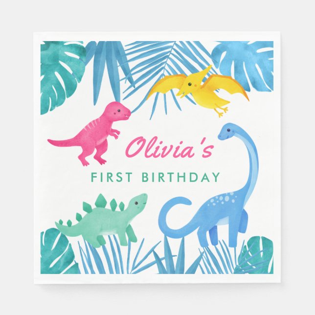 Dinosaur Girl 1st Birthday Colourful Napkin (Front)