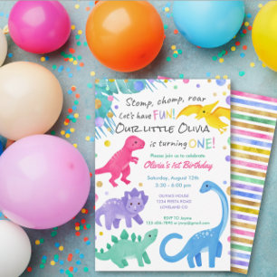 Dinosaur Girl 1st Birthday Invitation Colourful