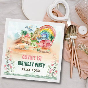 Dinosaur Girl 1st Birthday Party Napkin