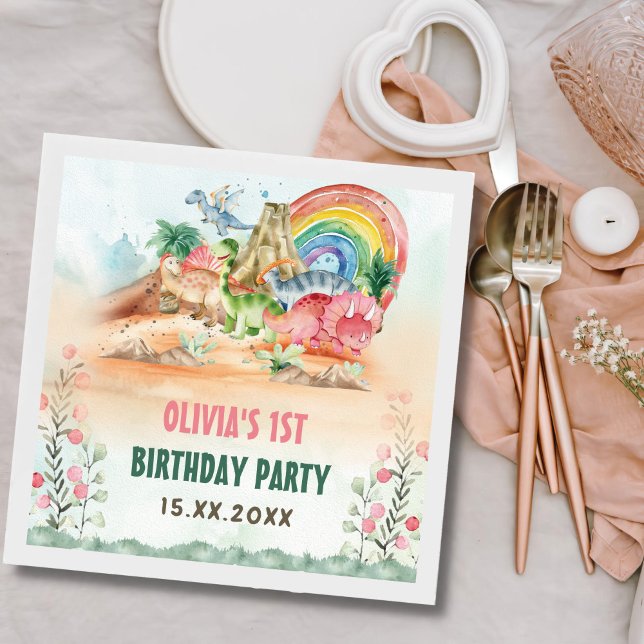 Dinosaur Girl 1st Birthday Party Napkin (Creator Uploaded)