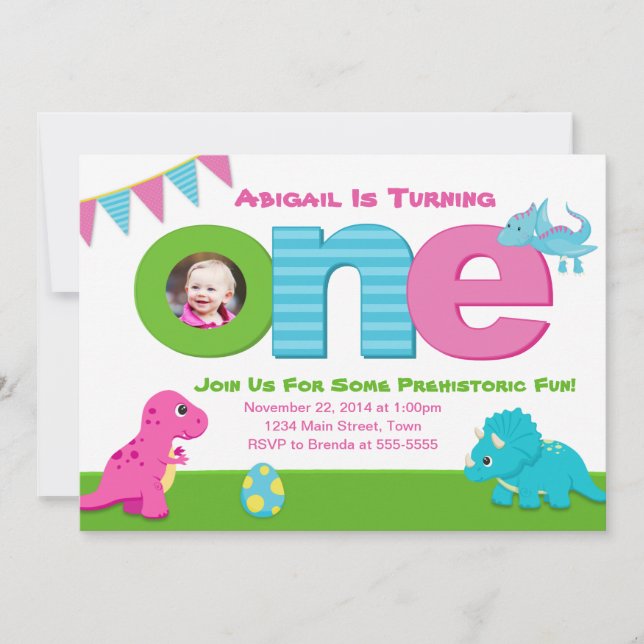 Dinosaur Girl Birthday Invitation 1st Birthday (Front)