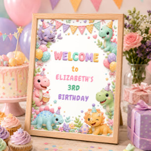 Dinosaur Girl Birthday Party Welcome Poster