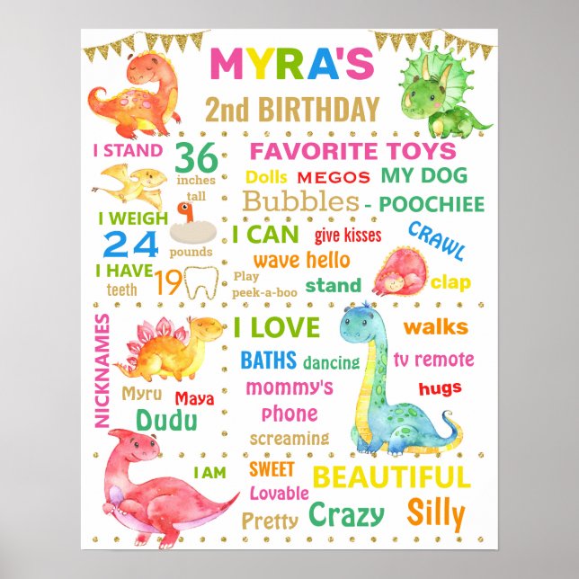 Dinosaur Girl Dino Birthday milestone Poster (Front)