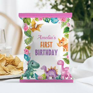 Dinosaur Girl First Birthday Chip Bag Wrapper