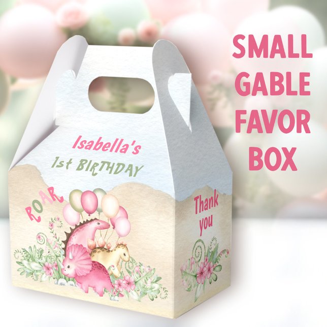 Dinosaur Girl Pastel Pink Green 1st Birthday Favour Box (Dinosaur Girl Small Gable Favor Boxes - You can choose from 3 sizes of these gable favor boxes)
