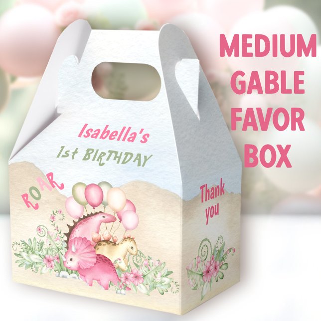Dinosaur Girl Pastel Pink Green Birthday Medium Favour Box (Dinosaur Girl Medium Gable Favor Boxes - You can choose from 3 sizes of these gable favor boxes)