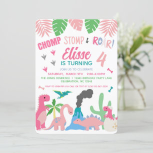 Dinosaur Girl Pink Birthday  Invitation