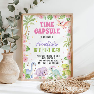 Dinosaur Girl Pink Birthday Time Capsule Sign