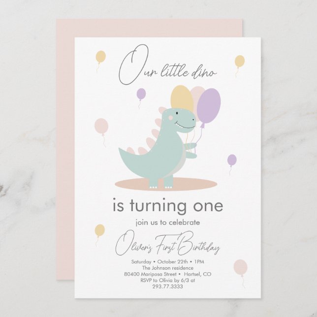 Dinosaur Girl Pink Blue Lila Birthday Party Invitation (Front/Back)