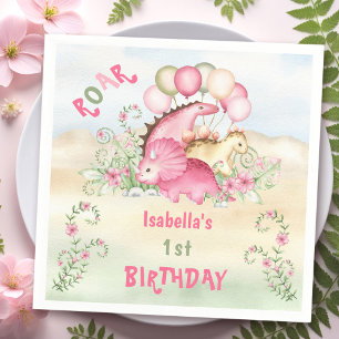 Dinosaur Girl Pink Pastel Cute Floral 1st Birthday Napkin