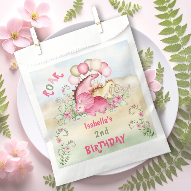 Dinosaur Girl Pink Pastel Cute Floral 2nd Birthday Favour Bag (Dinosaur Girl Pink Pastel Cute Floral 2nd Birthday Favor Bag)