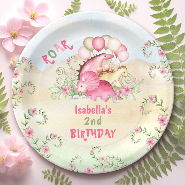 Dinosaur Girl Pink Pastel Cute Floral 2nd Birthday Paper Plate (Dinosaur Girl Pink Pastel Cute Floral 2nd and any Birthday Paper Plates)