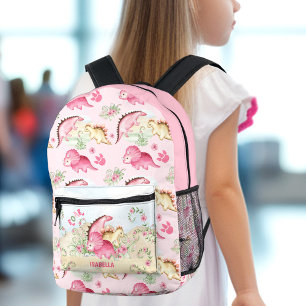 Dinosaur Girl Pink Pastel Cute Floral Name Printed Backpack
