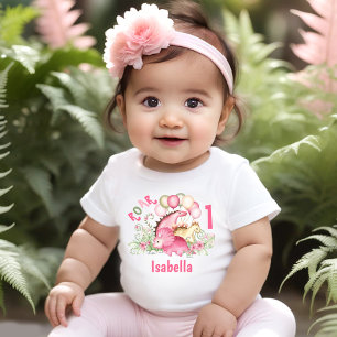 Dinosaur Girl Pink Pastel Floral Name 1st Birthday Baby T-Shirt