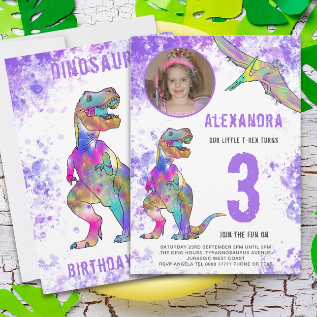 Dinosaur Girls 3rd Birthday Party Invitation (Girls dinosaur 3rd birthday party invitation with photo template purple watercolor splash)