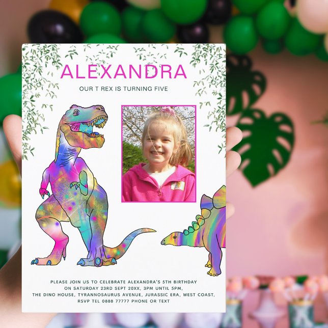 Dinosaur Girls 5th Birthday Party Budget Invitation Postcard (Colorful T-Rex dinosaur girls 5th birthday party budget invitation with photo template )