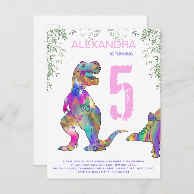 Dinosaur Girls 5th Birthday Party pink budget Invitation Postcard (Front/Back)