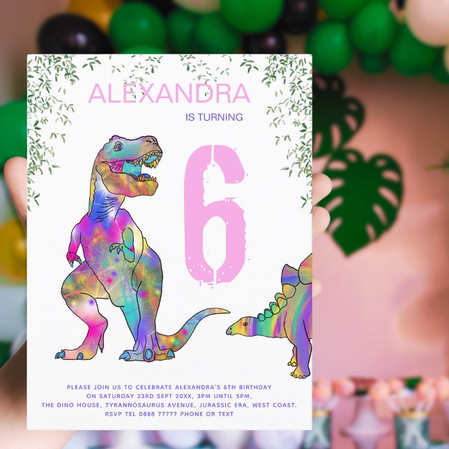Dinosaur Girls Birthday Party budget Invitation Postcard (Colorful Dinosaur girls birthday party invitation postcard with T-Rex stegosaurus and jungle foliage)
