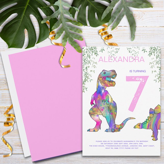 Dinosaur girls Birthday Party pink Invitation (Colorful Dinosaur girls birthday party invitation with T-Rex and stegosaurus pink purple blue green)