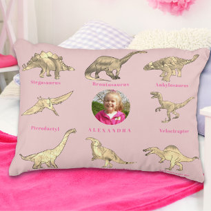 Dinosaur Girls Personalized Name and Photo Pink Decorative Cushion