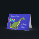 Dinosaur Grandson Birthday Card<br><div class="desc">A BIG birthday wish for Grandson on this card that has a blue background with swirls and a dinosaur with a party on and balloons on his tail with the words "Grandson,  wish you ... " and on the inside "a HUGE Happy Birthday."</div>