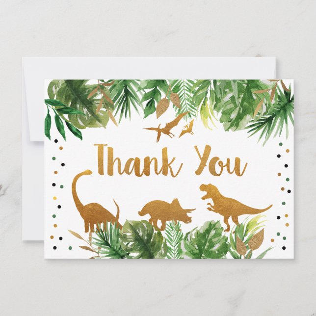 Dinosaur Green & Gold Birthday Thank You Card (Front)