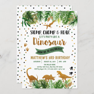 Dinosaur Green & Gold Safari Birthday Invitation